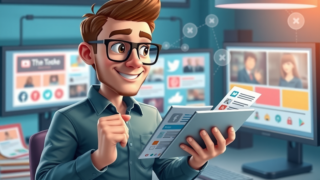 Enthusiastic marketer evaluating digital content samples on tablet: blog posts, video content, email marketing, social media posts, highly detailed, vibrant, digital workspace