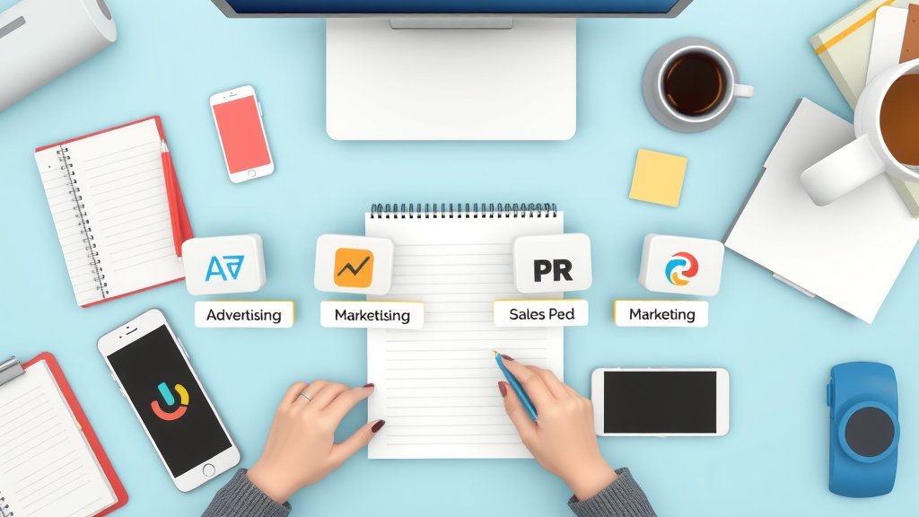 four main marketing tool icons on organized workspace