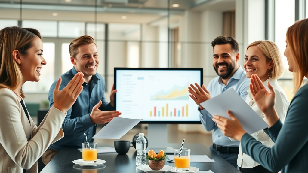 happy small business team reviewing positive sales charts, small business marketing success