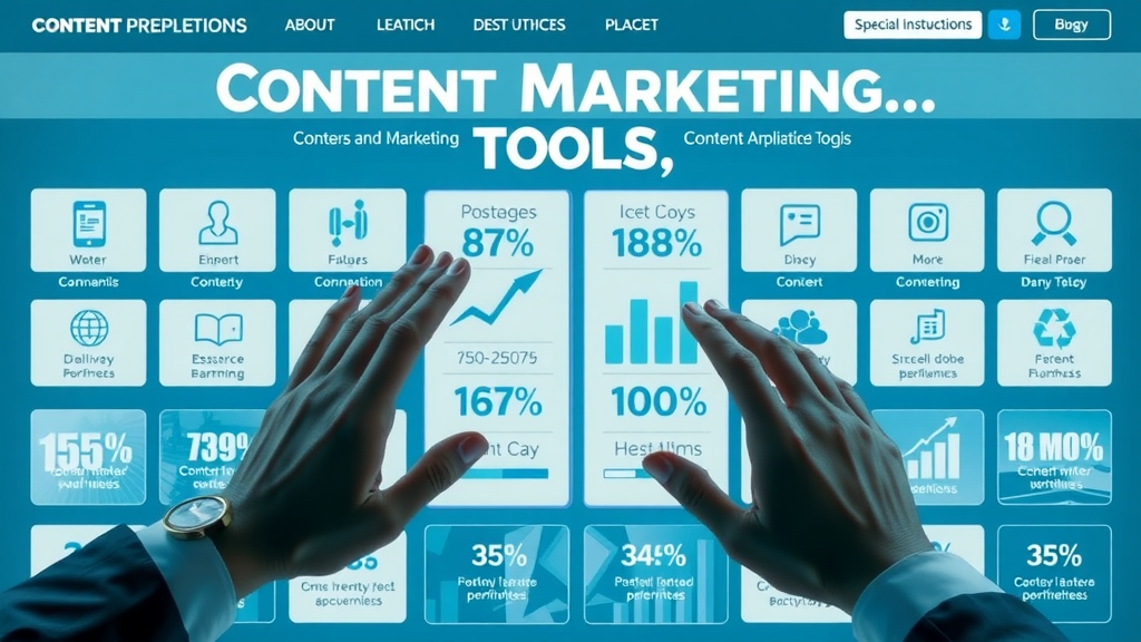 Infographic comparing top content marketing tools metrics, showing platforms and features for 2024