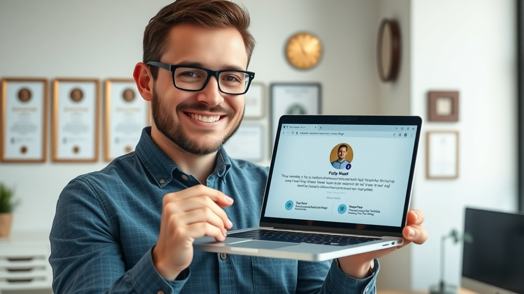 trustworthy small business owner displaying laptop with testimonials and business profile, small business marketing