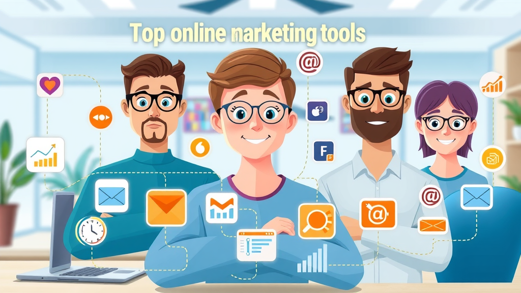 colorful infographic of top online marketing tools and their purposes