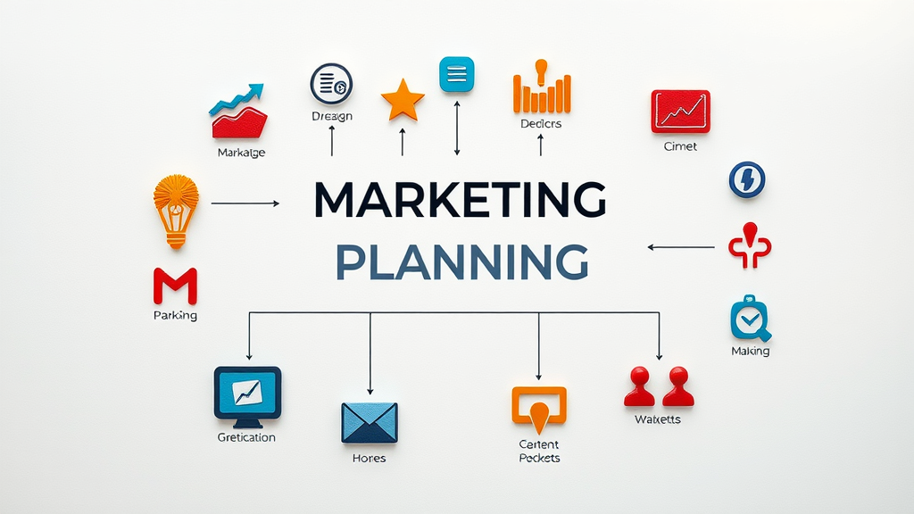 strategic marketing planning process, vivid infographic with icons representing steps in marketing planning. Highly detailed, colorful elements on clean background.