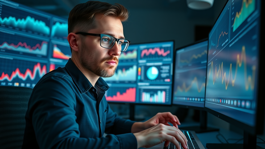 digital marketer monitoring analytics dashboards, digital marketing strategies data tracking and ROI analysis