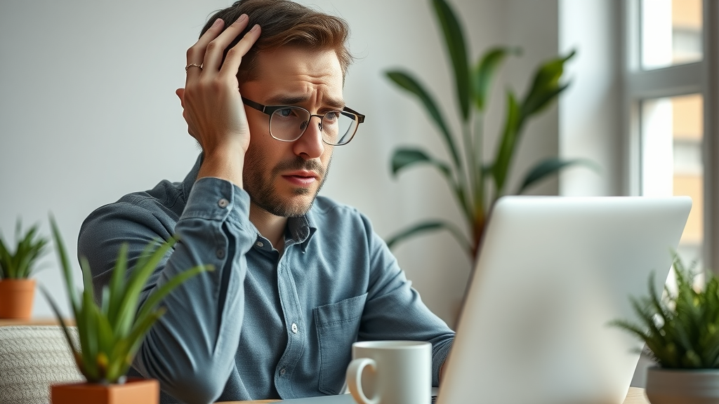 worried business owner looking at dropping graphs on laptop, social media marketing mistakes, modern home office setting