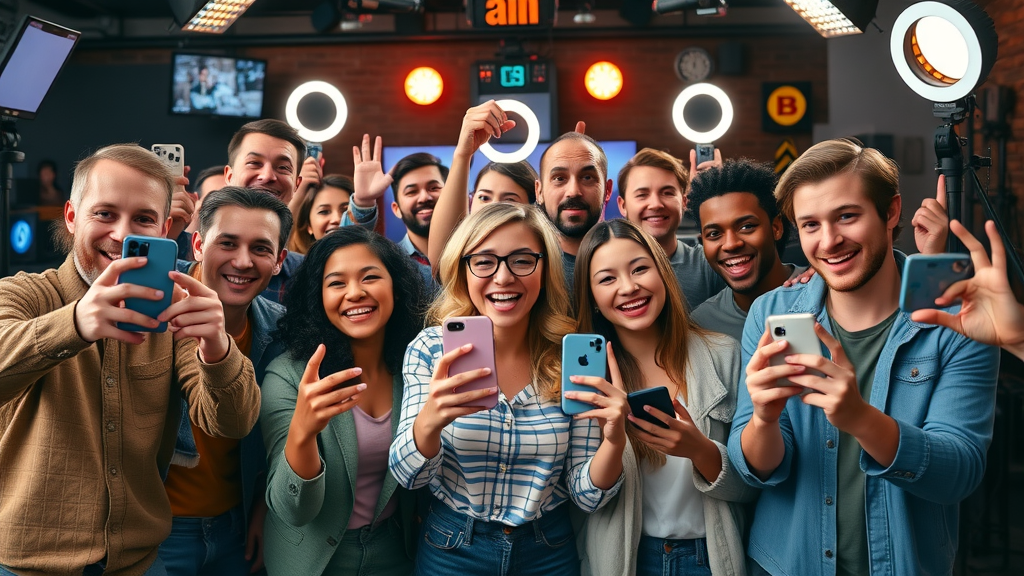 Diverse creative team recording video content with smartphones and ring lights for social media, cinematic vibrant studio, content marketing tips for beginners