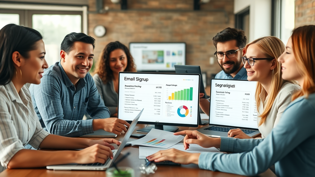Diverse team of professionals collaborating over email list growth and segmentation data charts in a modern workspace