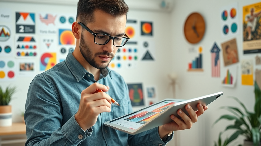 Marketer designing social media graphics using content creation tools in a modern workspace
