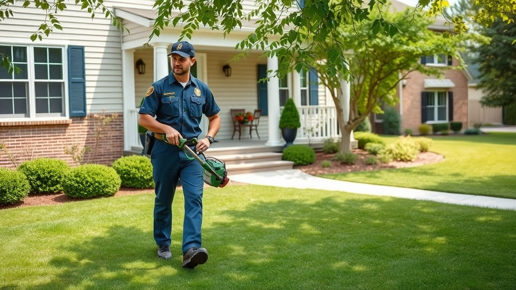 Expert provides residential landscaping services by trimming a suburban lawn.