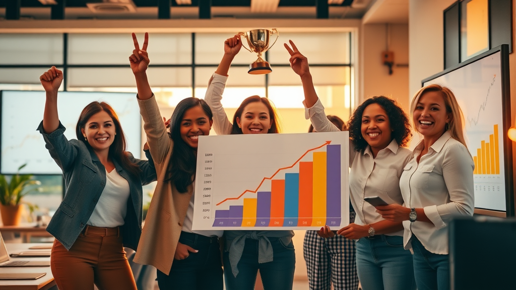 Success story image of marketing team celebrating rising sales results using content marketing tools
