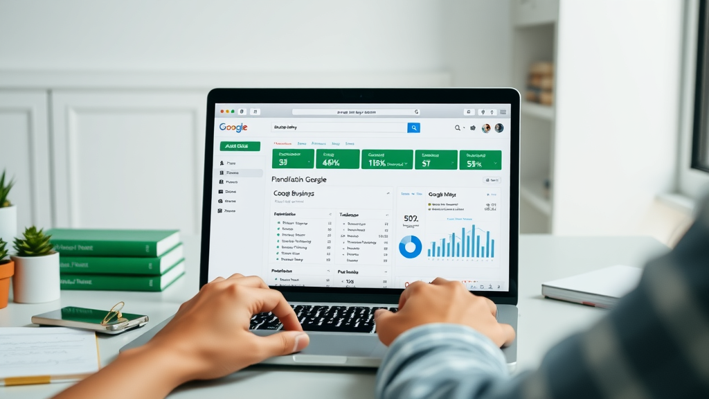 small business website with Google My Business and SEO dashboard on laptop, small business marketing