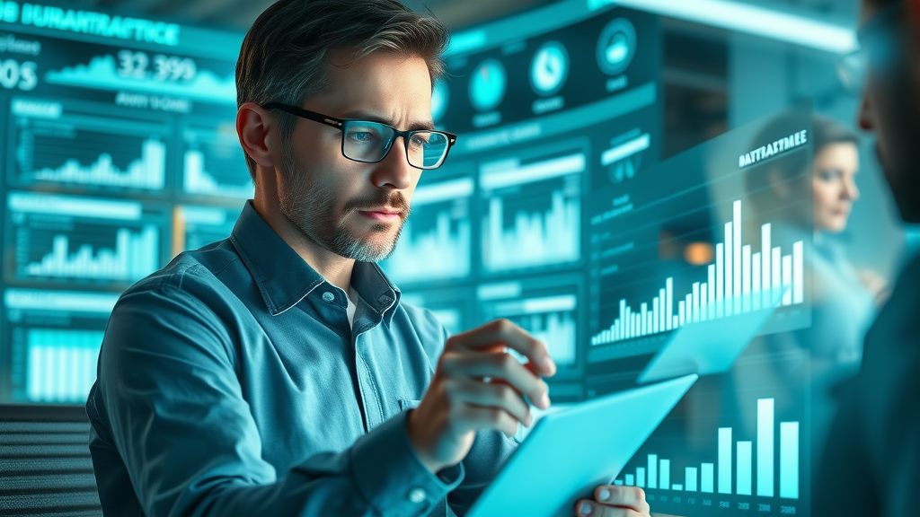 customer data analyst examining behavioral data flow charts for audience segmentation in a futuristic digital workspace