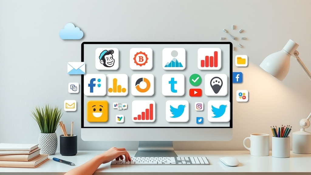 digital toolkit collage showcasing icons of top marketing tools like Mailchimp, Google Analytics, Hootsuite, Canva, small business marketing