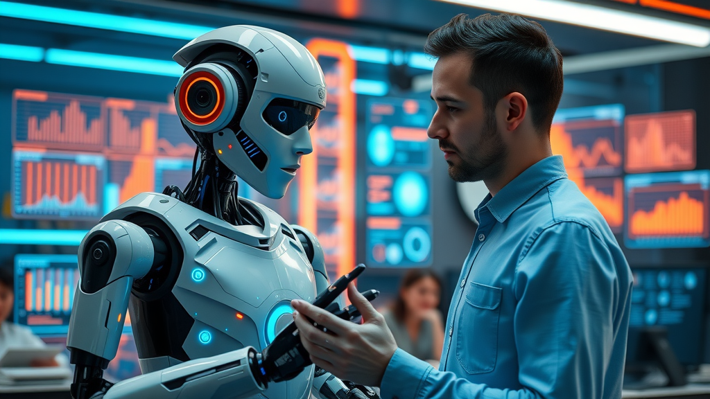 AI robot assisting marketer with content generation and analytics on digital display for content marketing tools