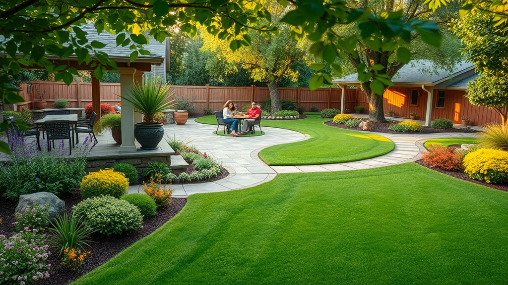 Landscape design build backyard with stone patio, lush plantings, and family relaxing