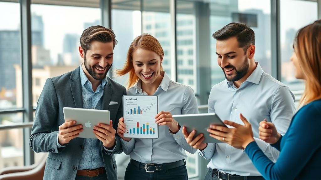 personalized content marketing business team reviewing audience data charts in a modern office, city skyline, engaging collaboration natural expression