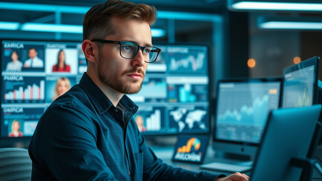 content personalization strategy dashboard with marketer analyzing customer personas and data points on digital screens in modern workspace