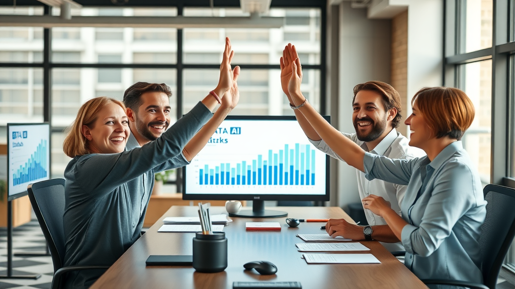 small business team celebrating AI marketing success