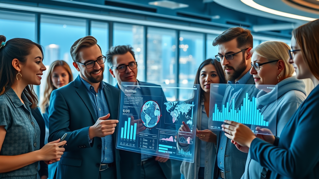 Marketing team visualizing future trends in AI-driven customer segmentation on digital screens