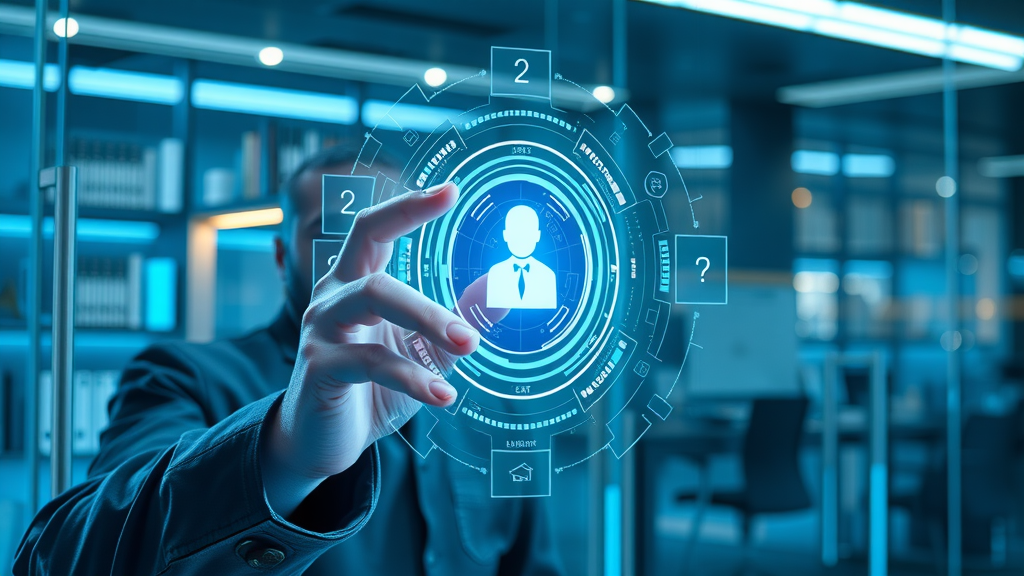futuristic AI hologram analyzing digital content streams in a sleek glass office for content marketing strategies