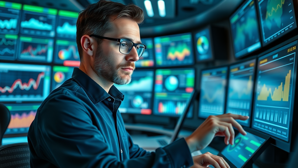 professional digital analyst evaluating social media analytics, high-tech control room, social media marketing metrics