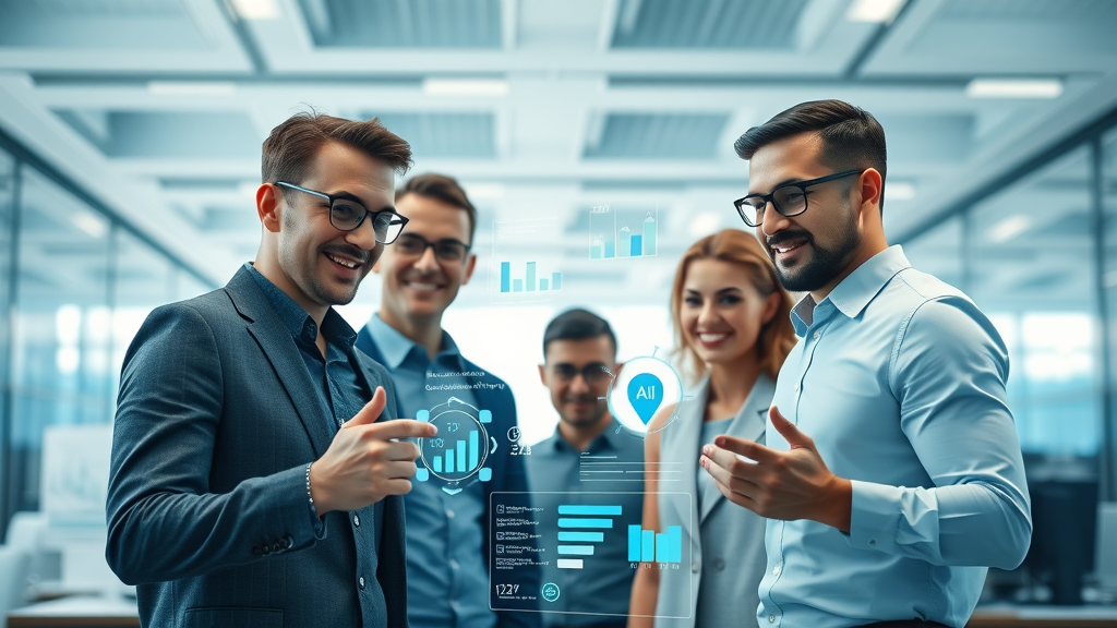 AI in content marketing - marketers collaborating around digital screens displaying AI analytics, futuristic office, strategy meeting
