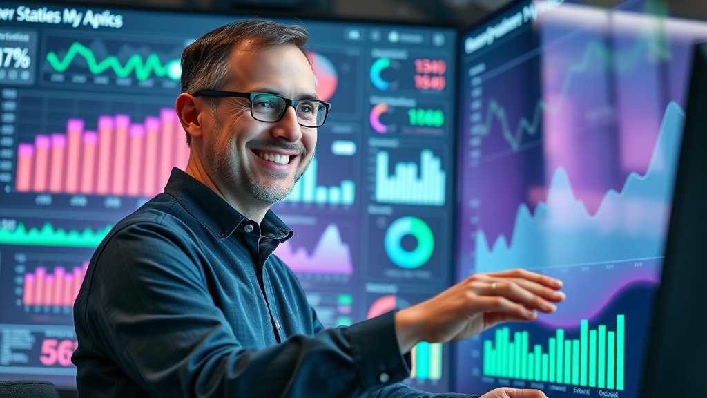 marketing analyst reviewing interactive KPI dashboard for personalized marketing campaigns success