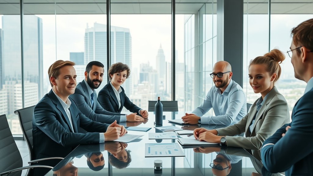 dynamic boardroom scene, confident business professionals, discussing marketing strategy. Strategic marketing planning in a modern glass-walled meeting room with city view.