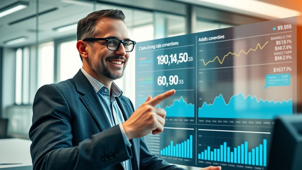 chatbot platform dashboard for small business showing increased sales conversions and analytics with business manager reviewing results