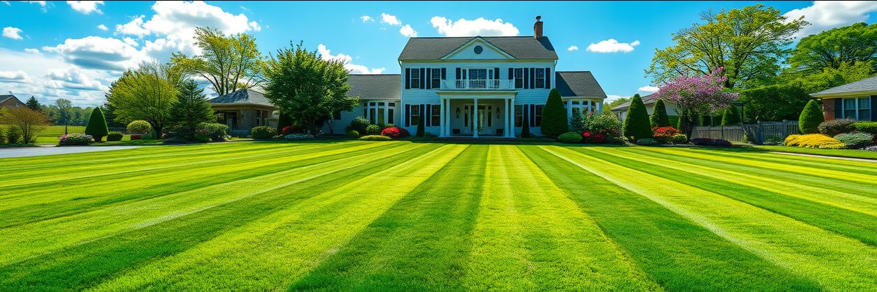 Luxury landscape design Allentown with manicured striped lawn and colonial house.