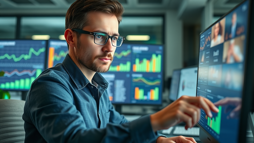 marketing professional optimizing website SEO and search engine rankings with analytics on screen