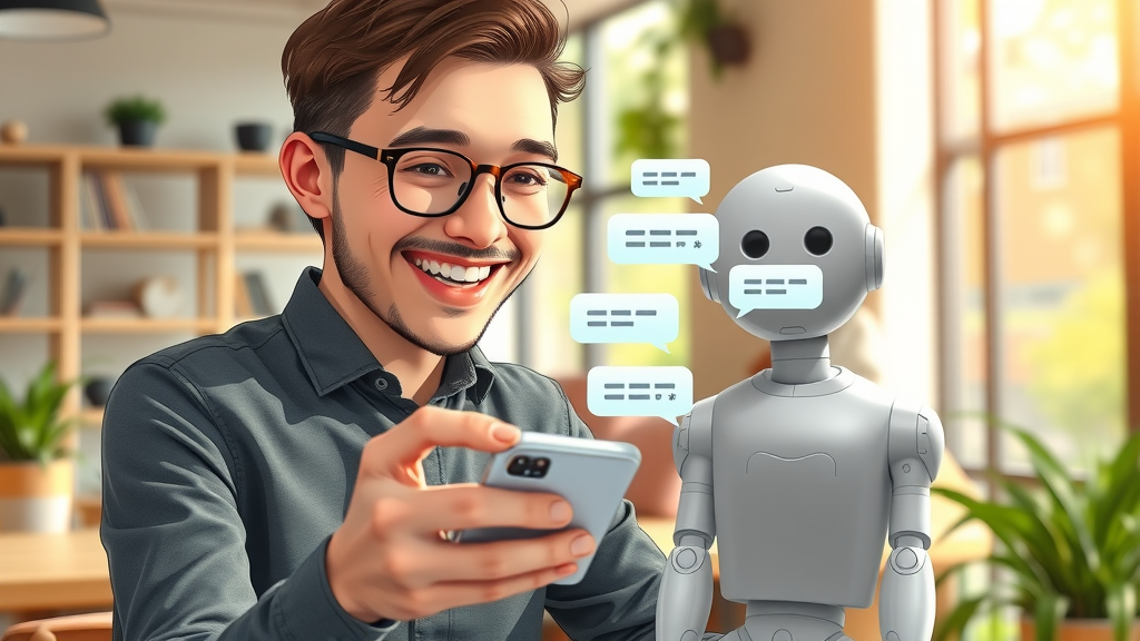 Delighted small business customer interacting with AI chatbot for personalized engagement and seamless buying experience.