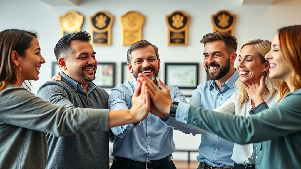 business team collaborating with a charismatic CMO to celebrate marketing growth
