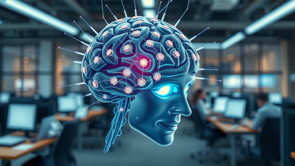 Artificial intelligence in content marketing - glowing AI brain radiating digital waves, futuristic office, content marketers at work