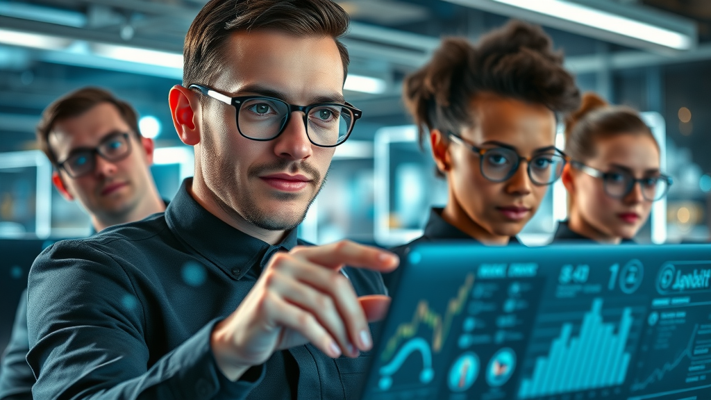 modern marketing team leveraging artificial intelligence marketing tools in a high-tech workspace with data visualizations and interactive charts