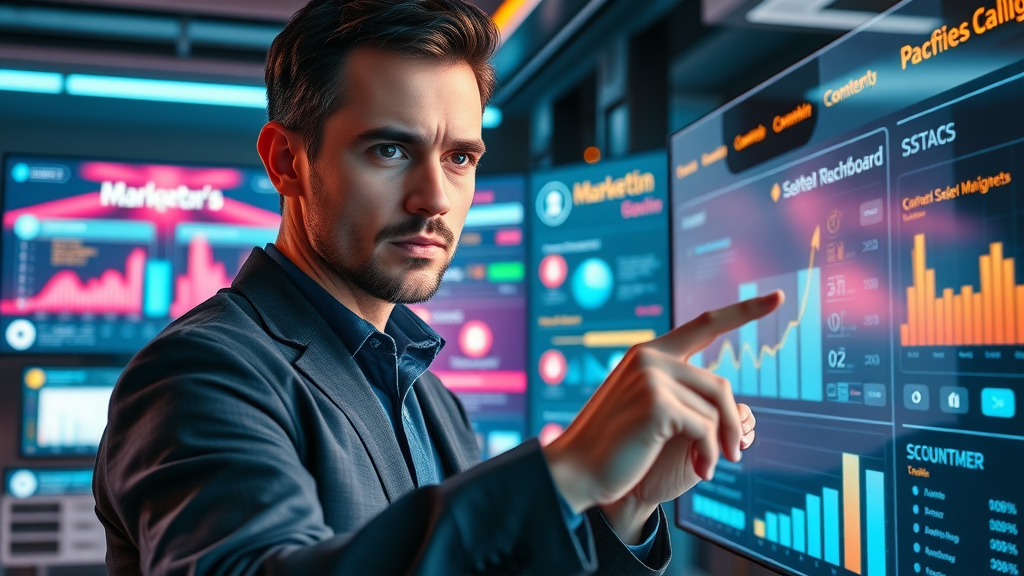 Innovative marketer scheduling content for content marketing 2025 with smart AI dashboard and holographic interface, highly detailed, neon-lit room.