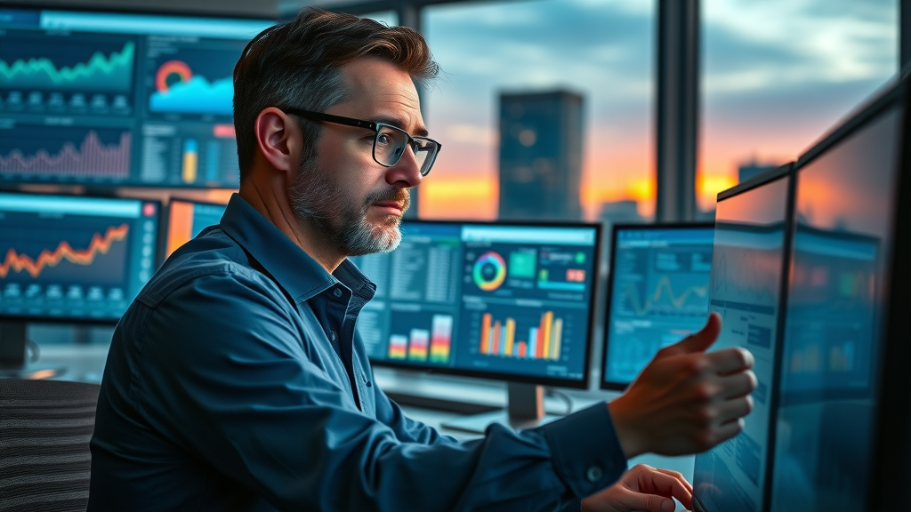 analyst examining KPI dashboard for evaluating content marketing strategies in a modern analytics lab
