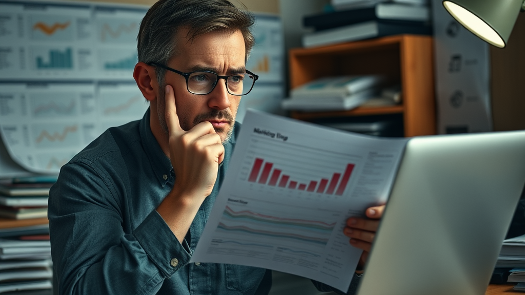 startup founder reviewing outdated marketing strategy during growth phase