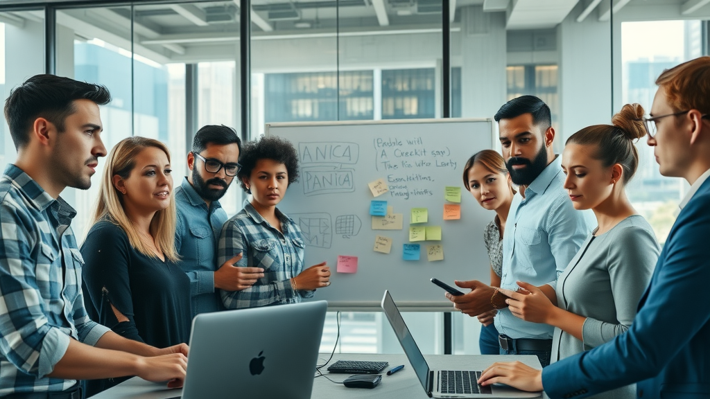 marketing leadership for startups: startup team in modern office, concerned yet driven, planning