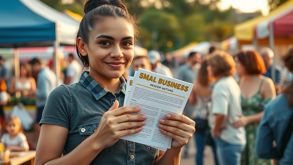 resourceful small business owner handing out flyers at community event, budget local business advertising
