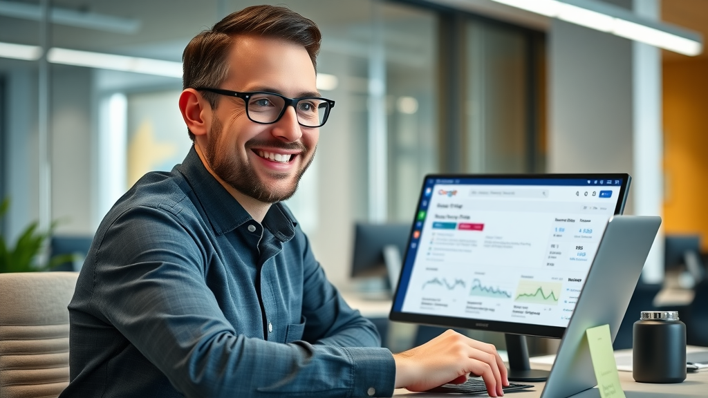 business owner reviewing Google Business Profile dashboard, local business advertising