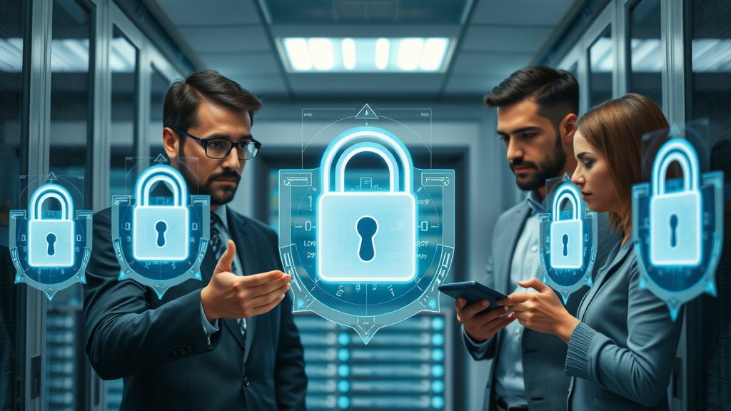 ethical data security team discussing privacy protections for customer data in a secure server room