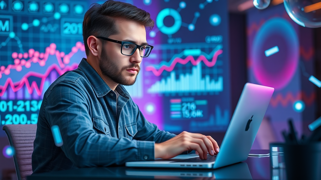 Entrepreneur at laptop using ai tool for content creation, vibrant digital workspace, content marketing strategies