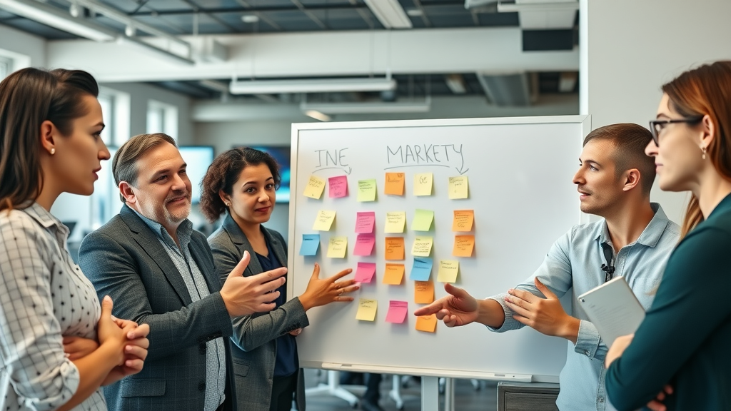 dynamic business team collaborating brainstorming creative content marketing ideas in a modern office with digital marketing displays