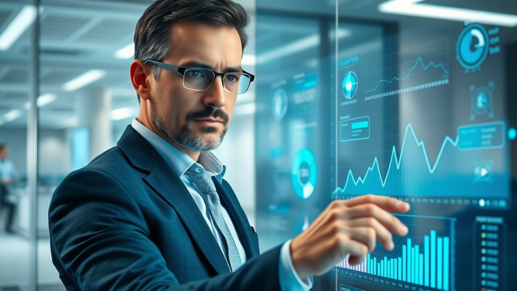 AI content optimization futuristic business leader analyzing digital analytics dashboard with AI-generated charts and graphs, high-tech office