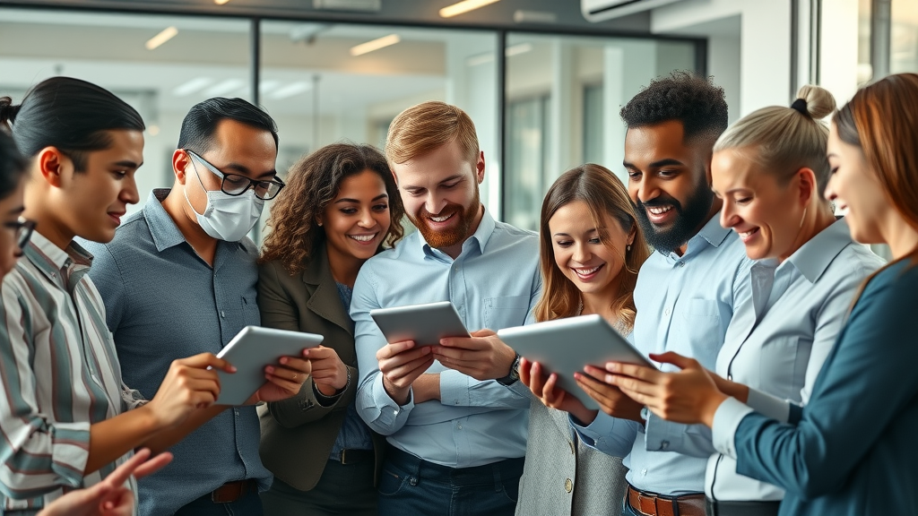 small business marketing team collaborating with AI tools in office