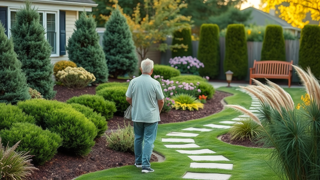 Layered front yard landscape design with evergreens, perennials, and accessible pathways.