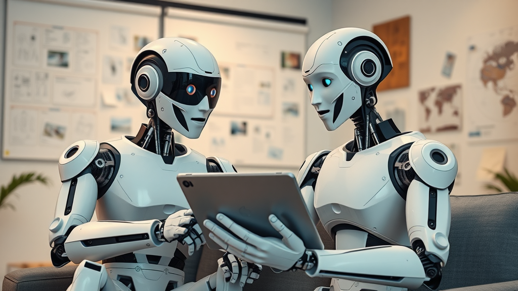 Creative marketer collaborating with AI robot, brainstorming content ideas, creative studio, digital sketches