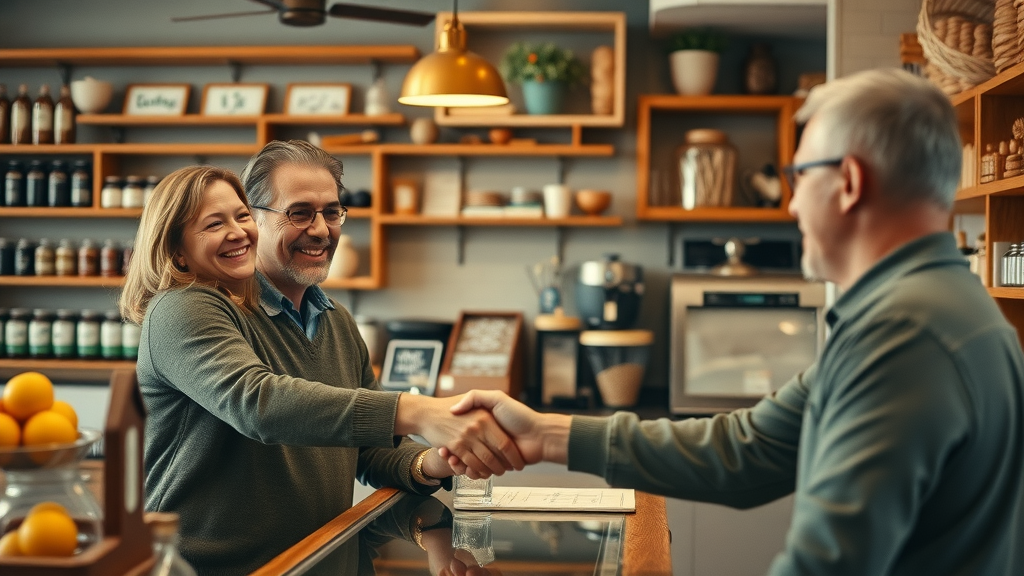 happy local customers receiving personalized service at shop counter, local business advertising loyalty