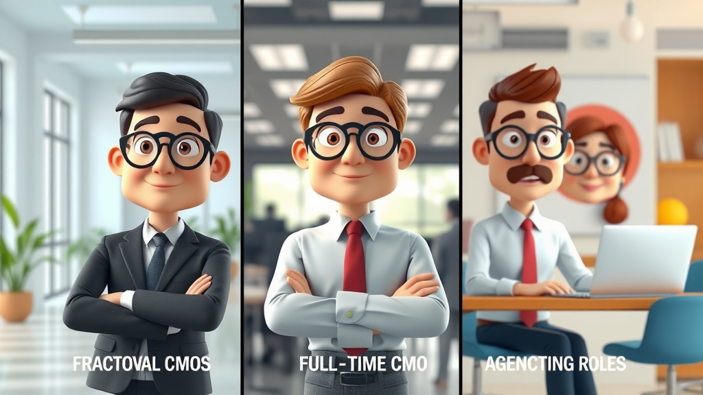 Split-screen fractional CMO vs full-time CMO vs agency comparison, cmo options